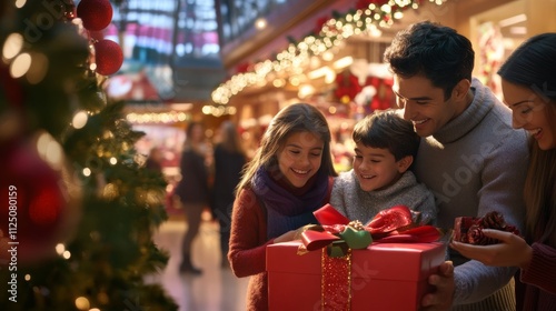 A joyful family gathers around a festive holiday market, sharing the excitement of gift-giving amidst twinkling lights and decorations.