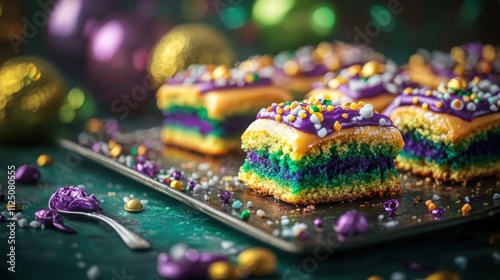 Festive Mardi Gras Layered Cake with Colorful Decorations for Celebration