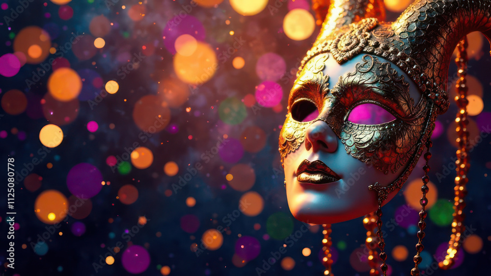 Dramatic venetian masquerade mask with colorful bokeh lights in background. Mardi Gras Dramatic venetian masquerade mask with colorful bokeh lights in background. Mardi Gras