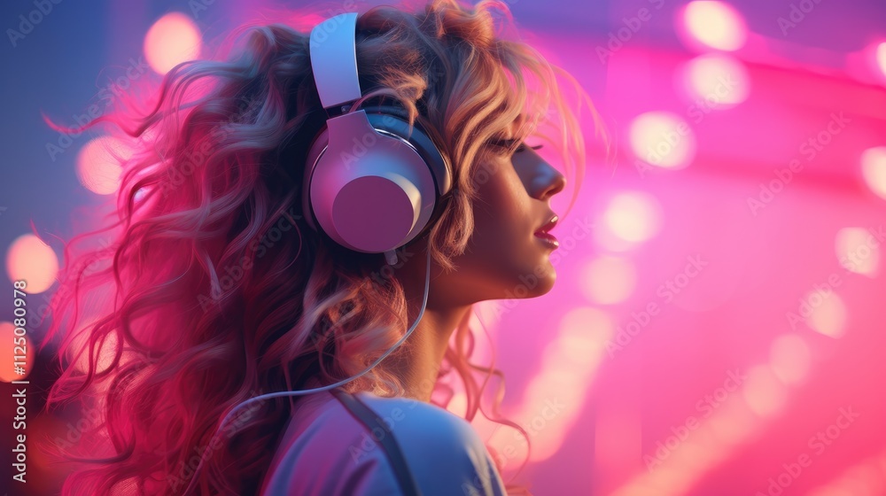 Portrait of a woman enjoying music at a vibrant outdoor event during dusk