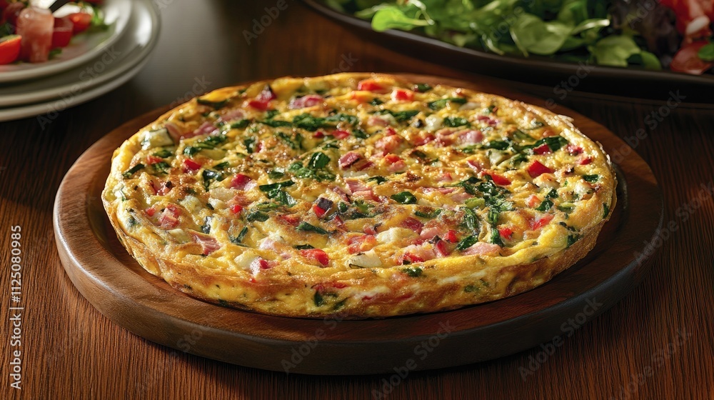 A freshly baked frittata filled with colorful vegetables and herbs, displayed on a wooden table with a side salad, capturing the essence of Italian home cooking A freshly baked frittata filled with colorful vegetables and herbs, displayed on a wooden table with a side salad, capturing the essence of Italian home cooking