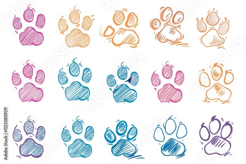 Paw footprint icon, animal foot print, dog graffiti spray step, wolf trail, bear trace silhouette, paw footprint