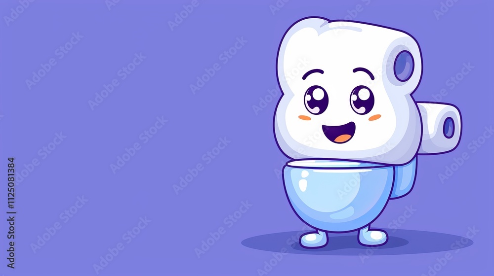 A cheerful cartoon character resembling a toilet paper roll stands next to a friendly toilet bowl on a purple backdrop A cheerful cartoon character resembling a toilet paper roll stands next to a friendly toilet bowl on a purple backdrop