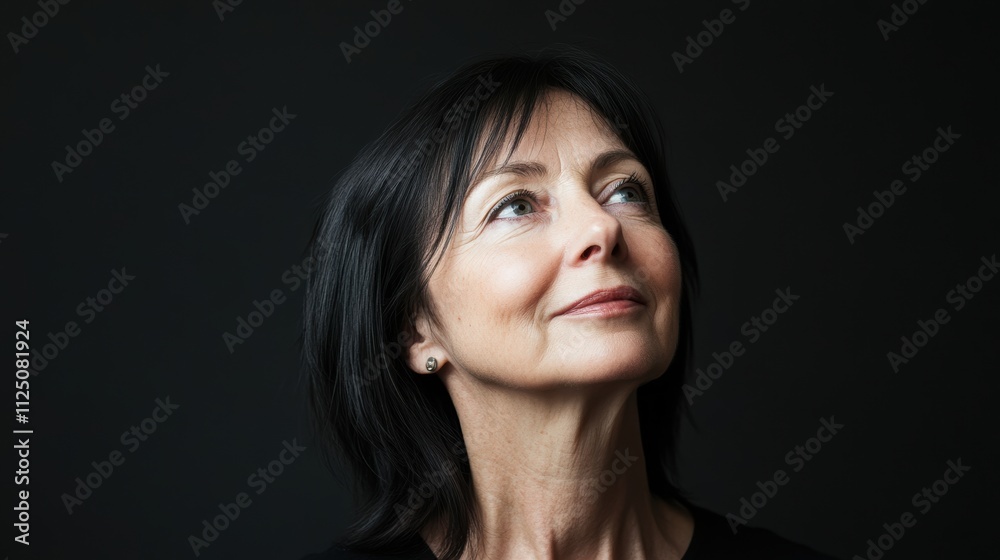 Serene portrait of a 60 years old woman against black background Serene portrait of a 60 years old woman against black background