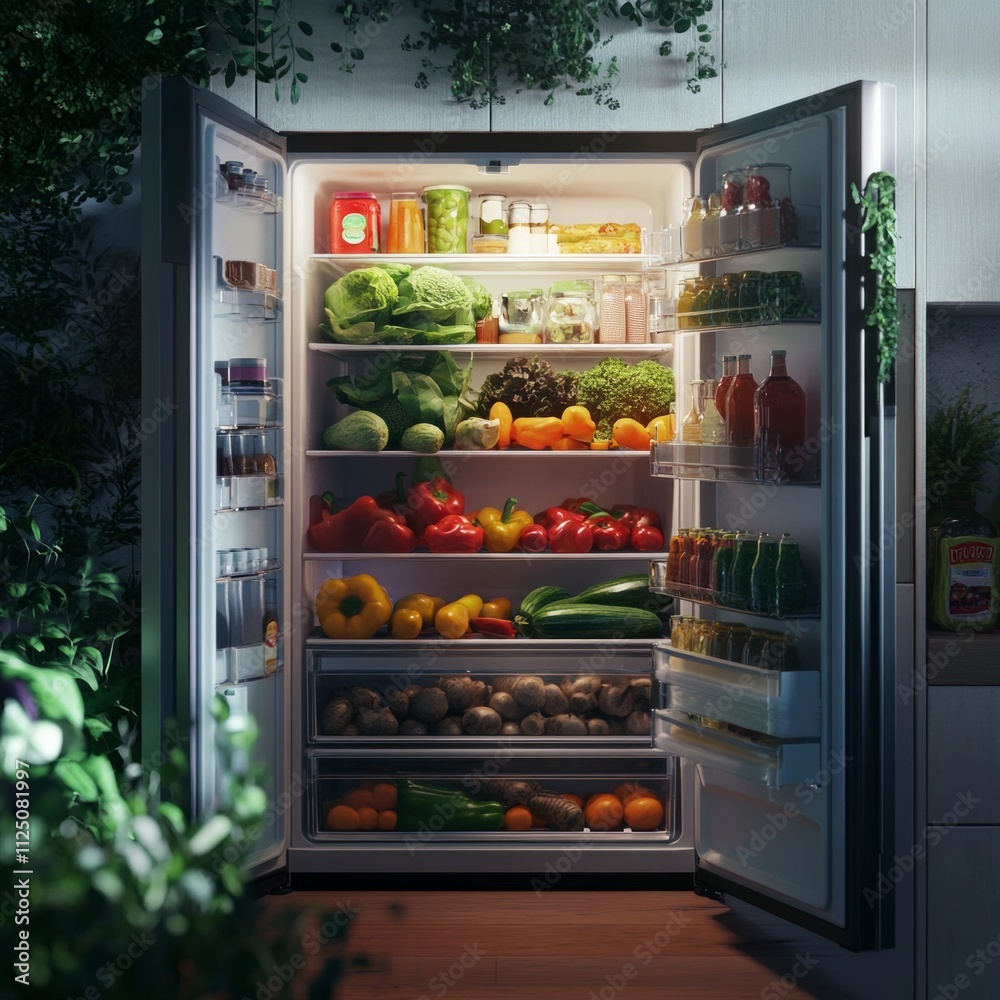 Fully stocked refrigerator with fresh vegetables and healthy foods in a modern kitchen. Fully stocked refrigerator with fresh vegetables and healthy foods in a modern kitchen.