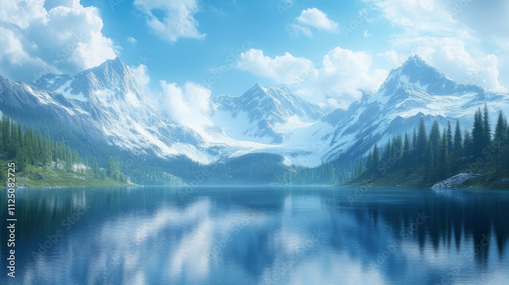 Majestic Snowcapped Mountains Reflecting In Calm Lake Water Majestic Snowcapped Mountains Reflecting In Calm Lake Water