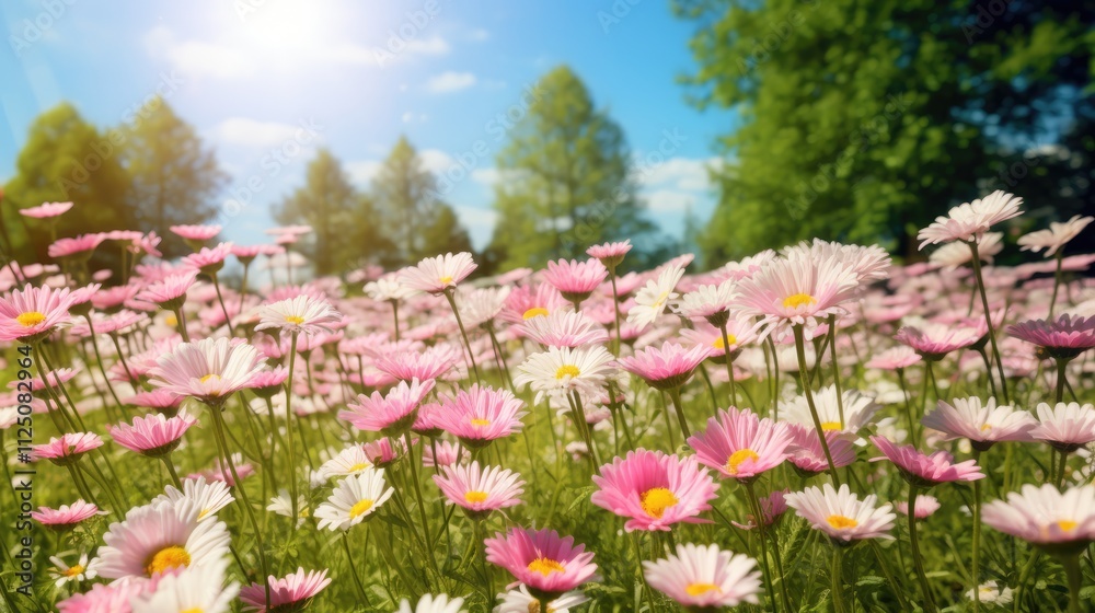 Beautiful meadow filled with blooming flowers under a clear sky. Beautiful meadow filled with blooming flowers under a clear sky.