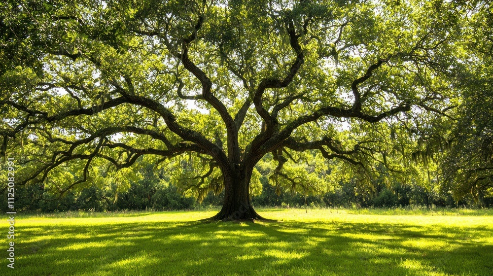 A majestic oak tree with sprawling branches and a vibrant green canopy in a meadow. A majestic oak tree with sprawling branches and a vibrant green canopy in a meadow.