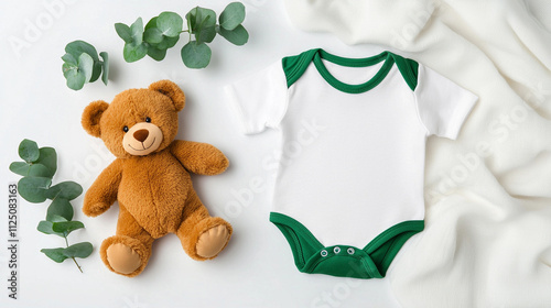 Baby onesie and teddy bear with green leaves on white background, cozy and cute newborn essentials arrangement.