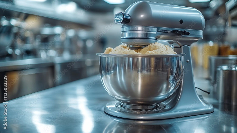 A modern kitchen mixer rests on a stainless steel counter, its bowl filled with dough, as chefs prepare meals in a bustling professional kitchen. The atmosphere is lively and focused. A modern kitchen mixer rests on a stainless steel counter, its bowl filled with dough, as chefs prepare meals in a bustling professional kitchen. The atmosphere is lively and focused.