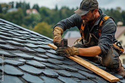 Roofer installs wooden base on steep slate roof during overcast day in residential area photo