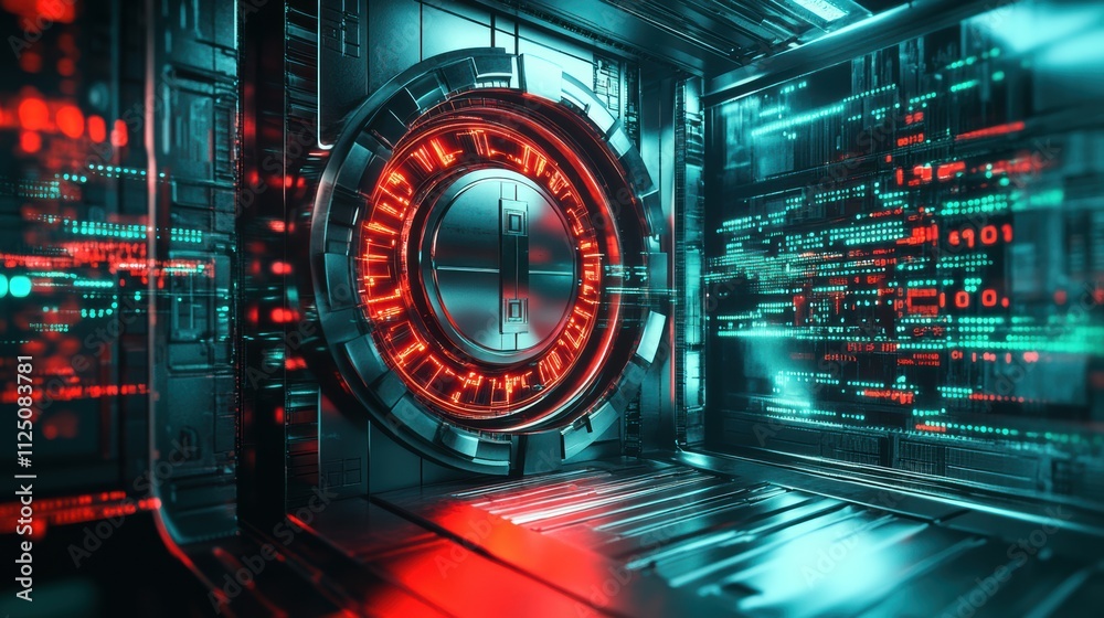 3d vault door abstract cybersecurity with data flow background 3d vault door abstract cybersecurity with data flow background