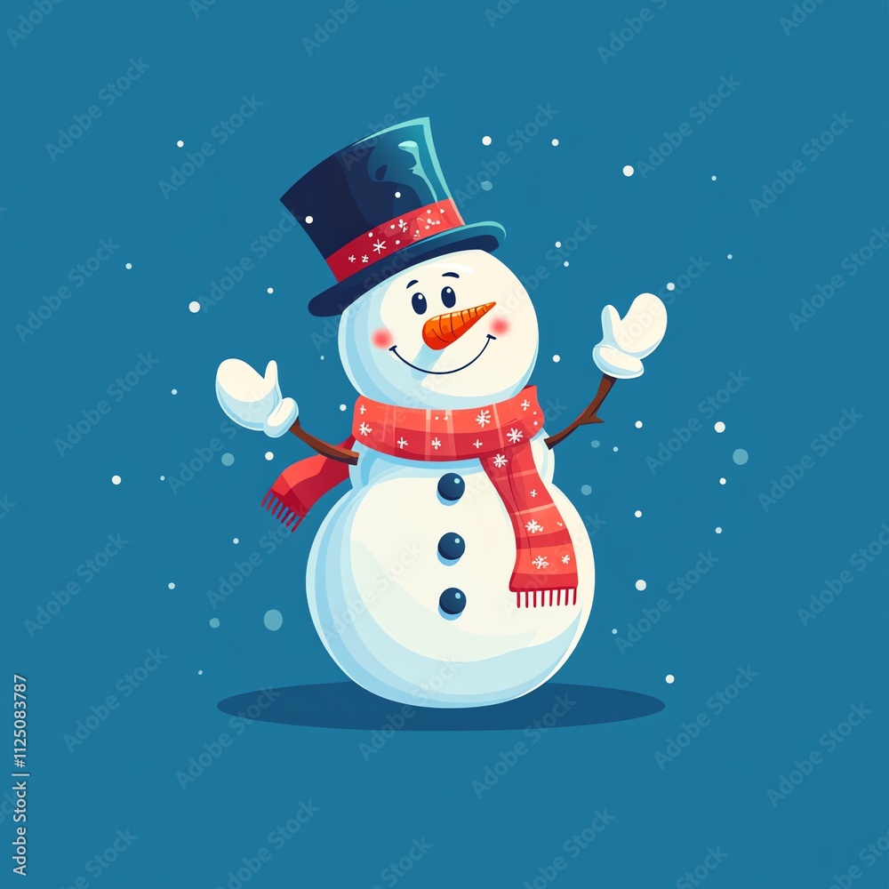 illustration flat design style Cheerful Snowman Waving in Winter Wonderland with Snowflakes and Festive Scarf illustration flat design style Cheerful Snowman Waving in Winter Wonderland with Snowflakes and Festive Scarf
