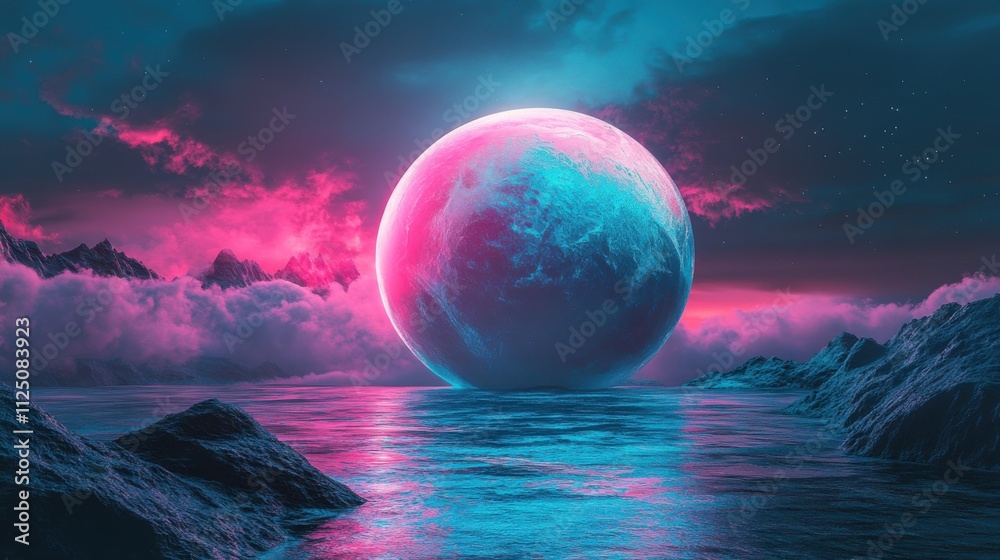 Pink and blue planet rising over a calm sea, mountains and clouds. Pink and blue planet rising over a calm sea, mountains and clouds.