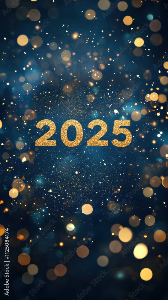 2025 in gold with sparkles and fairy lights on midnight blue background