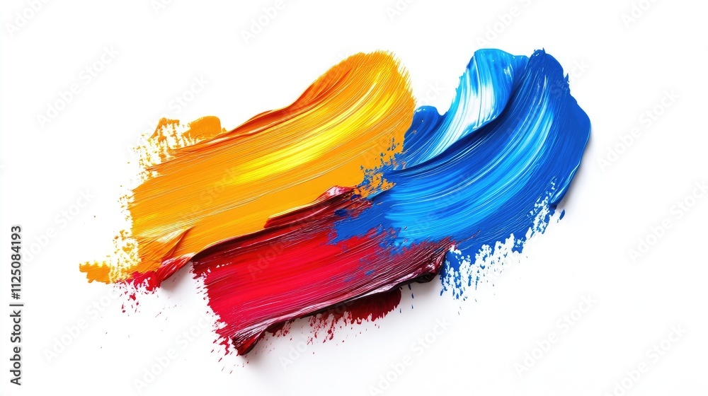 Vibrant swirls of orange, blue, and red paint create an energetic abstract design.
