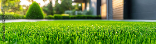 Close-up of lush green grass in a modern garden setting, showcasing fresh, vibrant turf in the afternoon light. photo