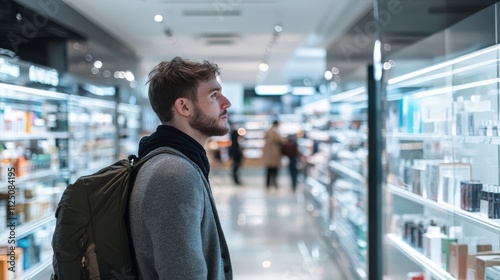 A man observes products in a modern store, contemplating his choices among various items on display.