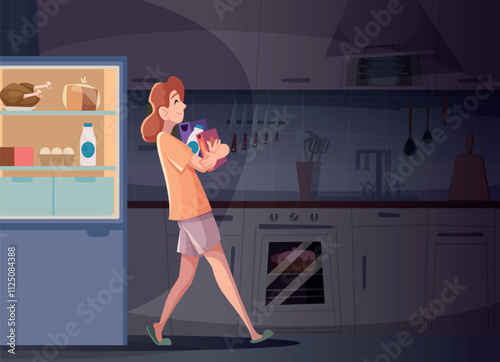 night gluttony. female characters taking food from fridge fast night snacking