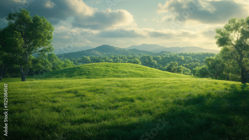 Serene Meadow Landscape with Rolling Hills and Lush Trees. Concept of Nature, Tranquility, and Peace.