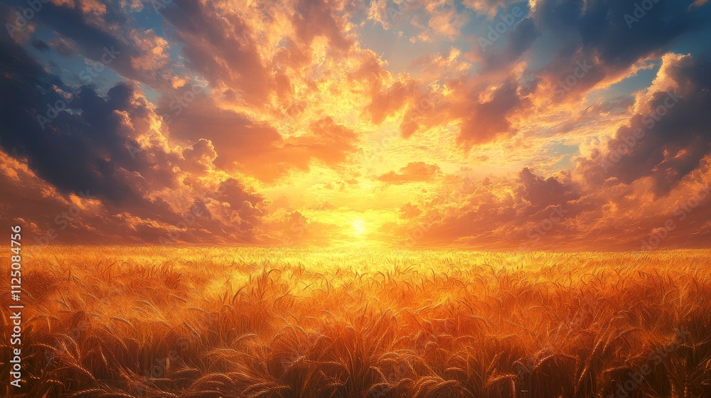 Golden Wheat Field Sunset Dramatic Sky