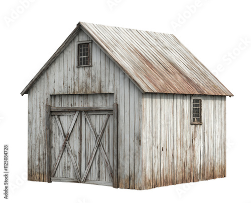 old rustic wooden barn isolated on white background, weathered wood barn cutout png