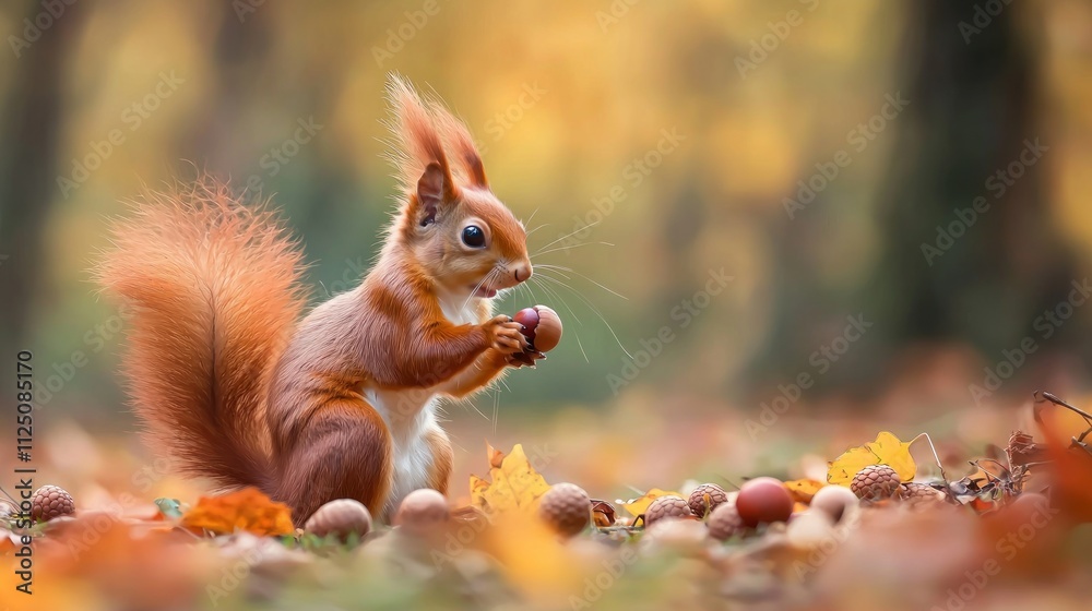 A playful squirrel gathering acorns in a forest during autumn. A playful squirrel gathering acorns in a forest during autumn.