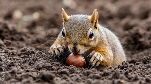 A squirrel burying an acorn in the soil with its paws. photo