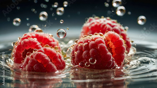 Red raspberries falling into water, close-up. Sweet dessert.