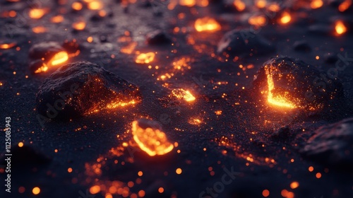 Glowing embers and rocks, volcanic texture.