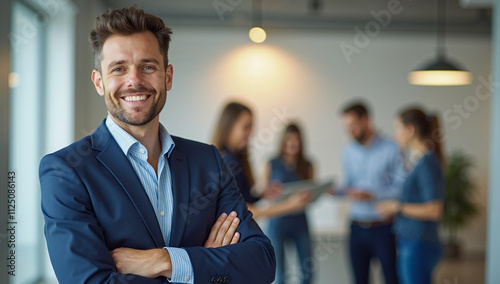 Confident young businessman smiling in a modern office environment