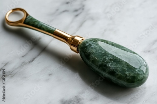 Green nephrite jade and gold massaging tool laying on a marble surface photo