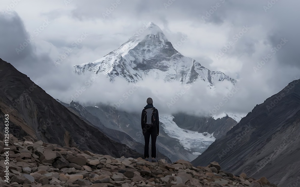 Hiker gazing at snow-capped mountain peak
Hiker gazing at snow-capped mountain peak