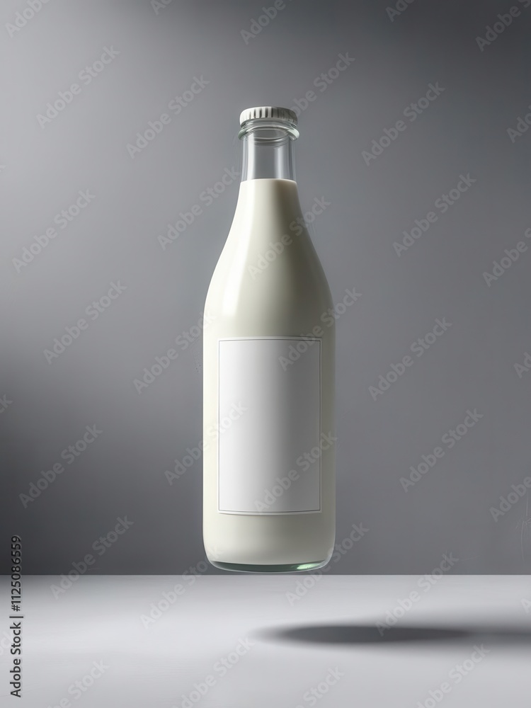 A minimalist, floating glass bottle of fresh milk on a neutral background, perfect for beverage advertising. A minimalist, floating glass bottle of fresh milk on a neutral background, perfect for beverage advertising.