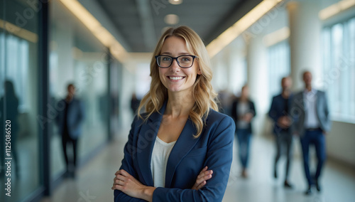 Confident blonde woman in glasses smiling in a corporate hallway