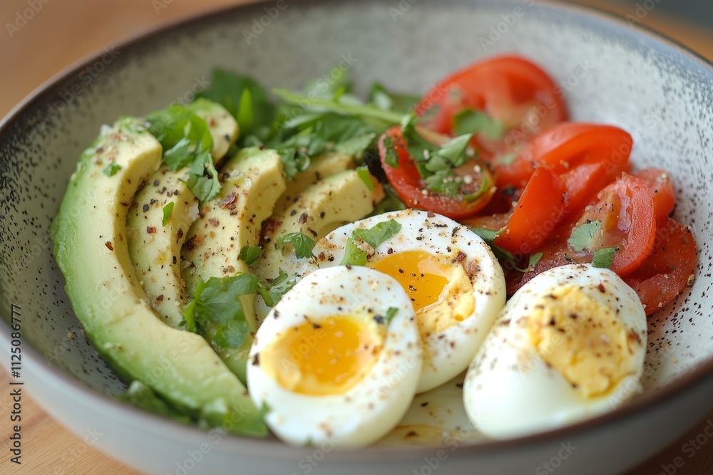 Healthy breakfast bowl with rice, avocado, tomatoes and a fried egg seasoned with herbs and spices Healthy breakfast bowl with rice, avocado, tomatoes and a fried egg seasoned with herbs and spices