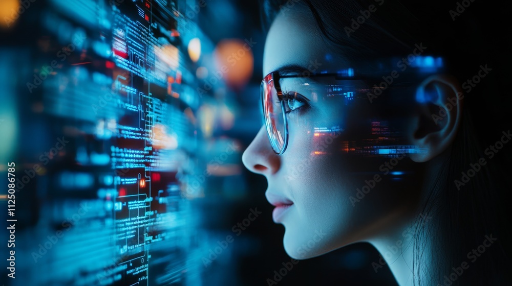 A focused woman with glasses gazes at a digital interface filled with colorful data streams, symbolizing technology and innovation. A focused woman with glasses gazes at a digital interface filled with colorful data streams, symbolizing technology and innovation.