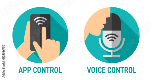 Mobile app control, Voice control - colorful icons in circle shapes