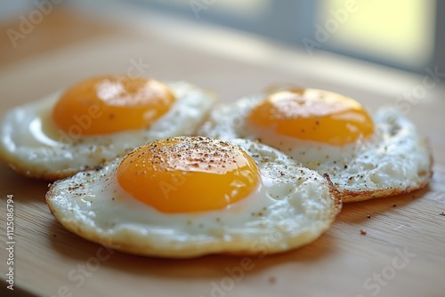 Three fried eggs seasoned with black pepper are served on a wooden cutting board, ready for breakfast photo