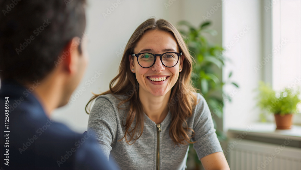 Smiling young woman wearing glasses during casual conversation at bright office Smiling young woman wearing glasses during casual conversation at bright office