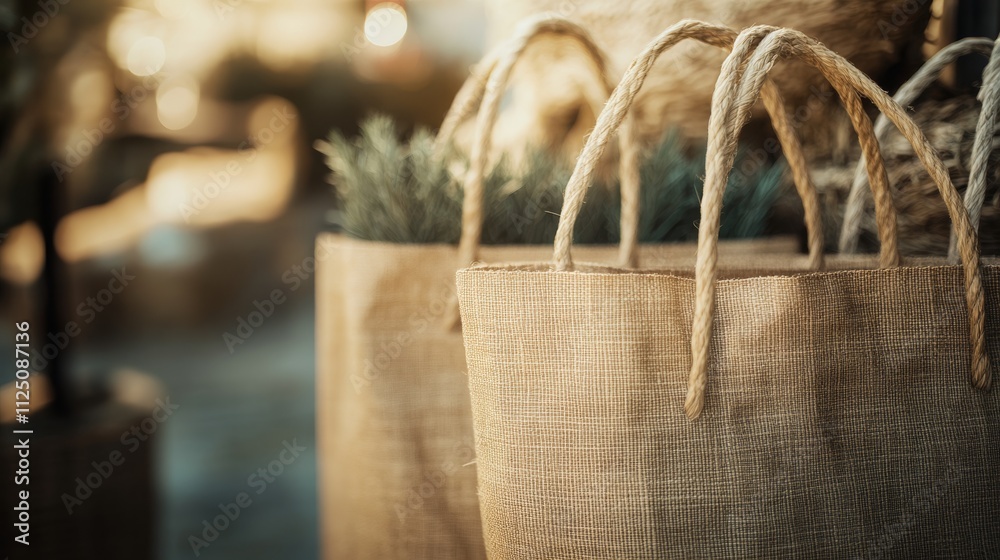 Rustic burlap bags with rope handles, filled with greenery, set against a softly blurred background, conveying a warm, natural ambiance. Rustic burlap bags with rope handles, filled with greenery, set against a softly blurred background, conveying a warm, natural ambiance.