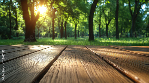 Wallpaper Mural serene wooden deck in lush green forest, illuminated by sunlight filtering through trees, creating peaceful atmosphere. Perfect for relaxation and nature appreciation Torontodigital.ca