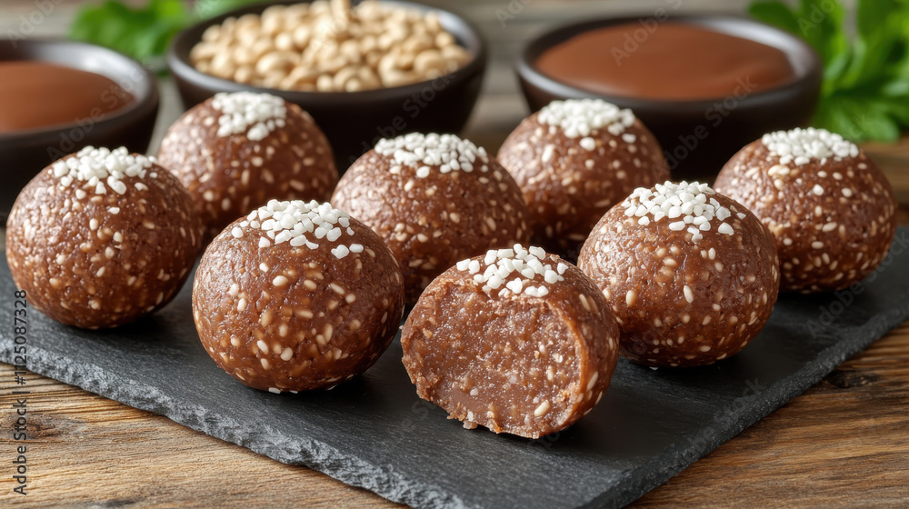 Delicious chocolate energy balls with crunchy texture, topped with white sprinkles, perfect for healthy snack or dessert. Enjoy these nutritious treats! Delicious chocolate energy balls with crunchy texture, topped with white sprinkles, perfect for healthy snack or dessert. Enjoy these nutritious treats!