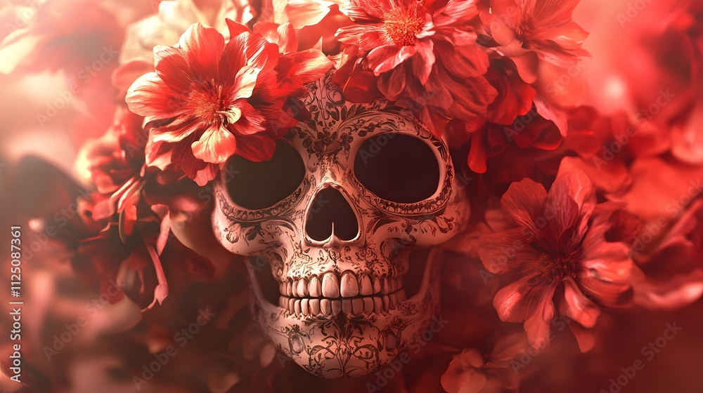 Illustration of Day of Dead skull wearing flowers
