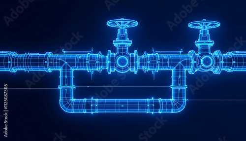 Blueprint of Industrial Pipeline System: Valves and Pipes in Glowing Blue Wireframe Design