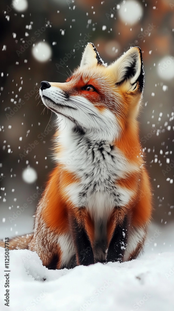 Fototapeta premium Red fox sitting in snowfall, looking upwards in snowy forest