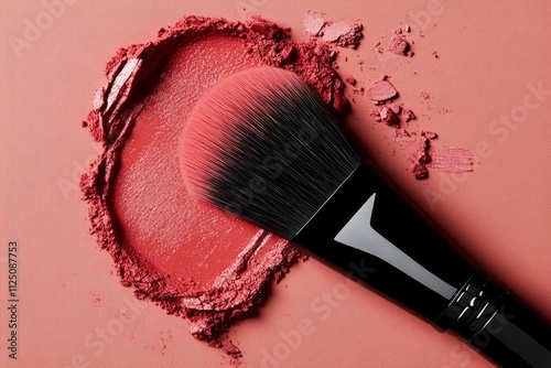 Professional makeup brush applying pink blush powder on pastel background, creating a vibrant and colorful cosmetic scene