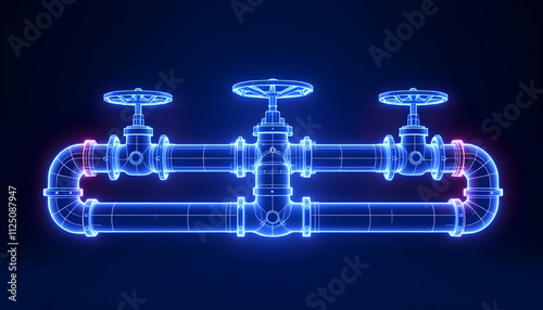 Blue Neon Industrial Pipeline System: Valves, Pipes, and Connections