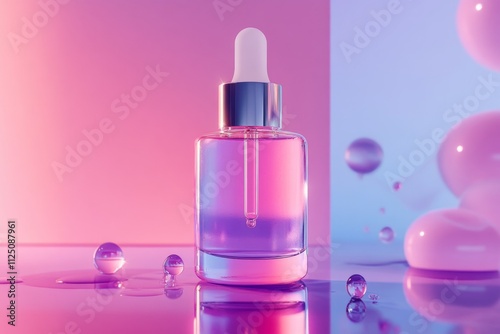 Pink cosmetic serum bottle with dropper on wet reflective surface, creating a vibrant and refreshing beauty product presentation