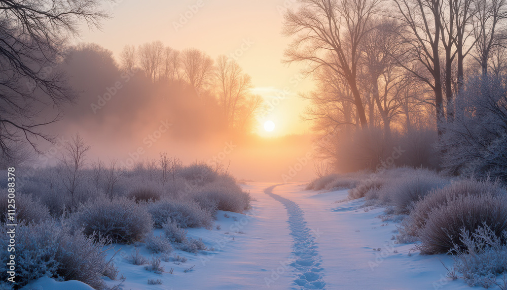 Snowy winter road surrounded by trees and foggy landscape in muted colors Snowy winter road surrounded by trees and foggy landscape in muted colors
